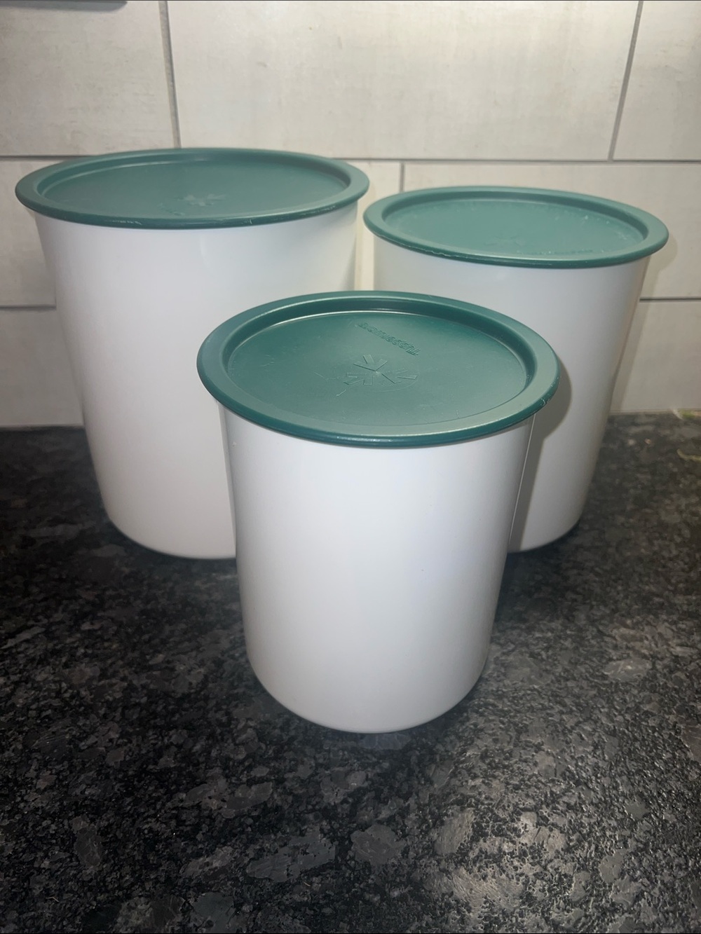 Tupperware One Touch White and Green canisters. Flour, coffee, sugar or whatever